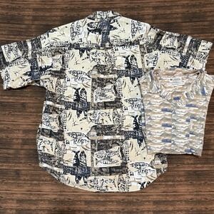 Vintage Columbia Shirt Mens M Fish Print Flying Fishing Pattern Outdoor USA Camp